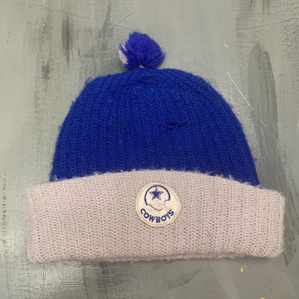 Vintage Dallas Cowboys Beanie Knit Cap Hat Patch Cuff Pom NFL Football 80's
